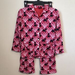 Nick & Nora Girls M 7/8 Pink Plaid Scottie Dog Fleece Button-Up Pajama Set